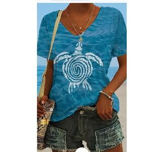 AQUA Blue Sea Turtle Graphic VNeck T-Shirt Short Sleeve Water Print Large